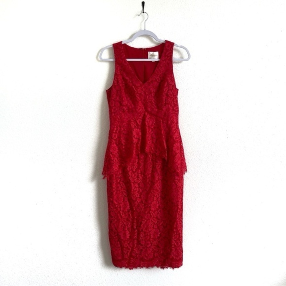 Shoshanna Midnight Dress Women’s Size 6 Red Lace Peplum Sheath V-neck Below Knee